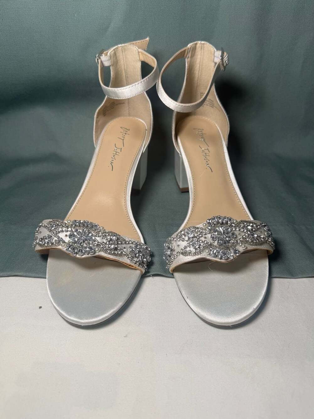 Betsey Johnson SB-KASS Rhinestone Embellished Ivory Satin Block Heel Sandals
